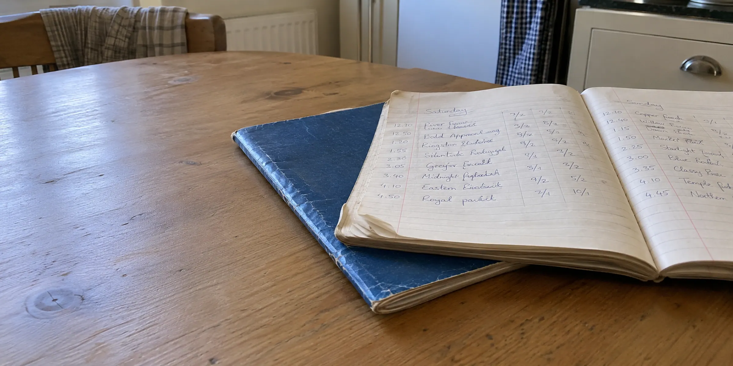Two worn exercise books overlapping on a kitchen table