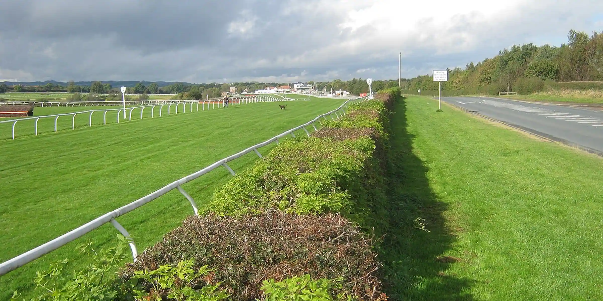 Catterick racecourse beyond a low hedge, with hills on the horizon