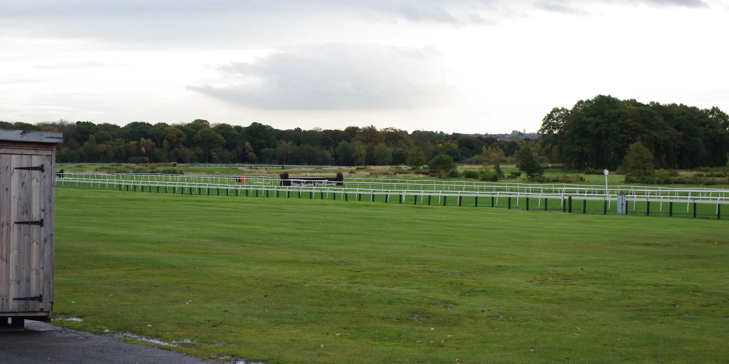 An empty stretch of Newcastle racecourse under an overcast sky
