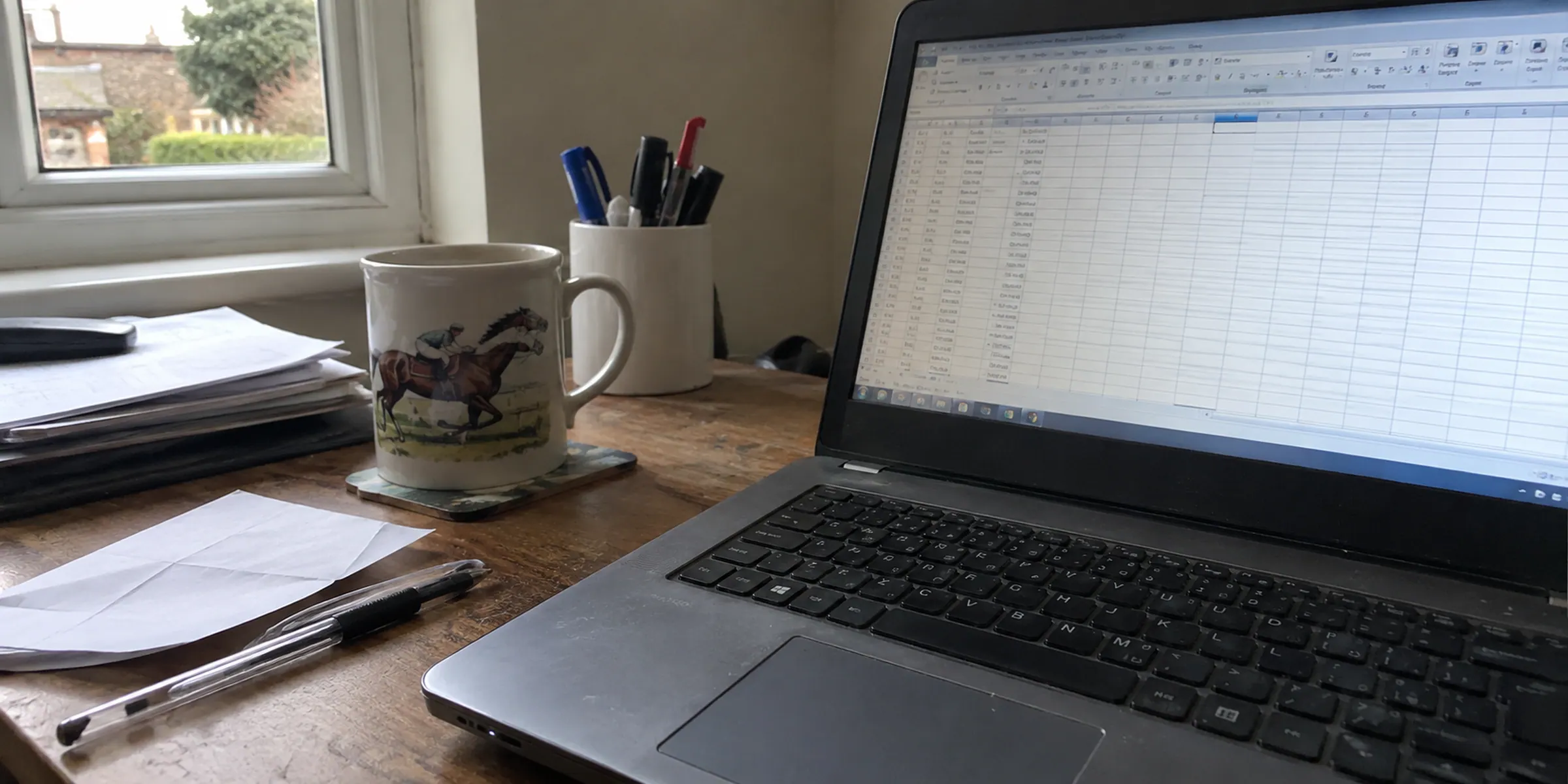 An older laptop displaying a spreadsheet beside papers on a desk