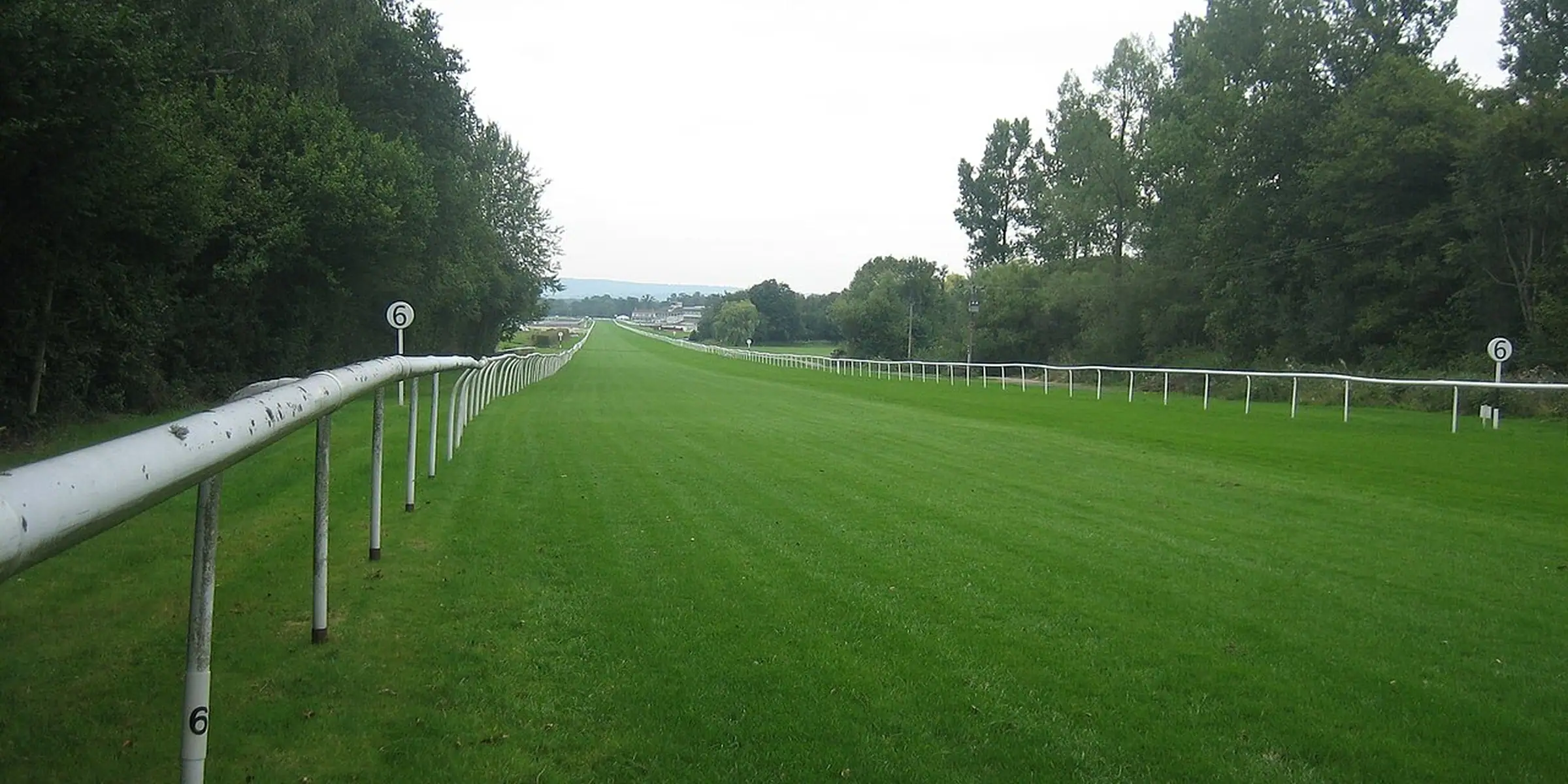 White rails receding beside the green course at Lingfield on a grey day