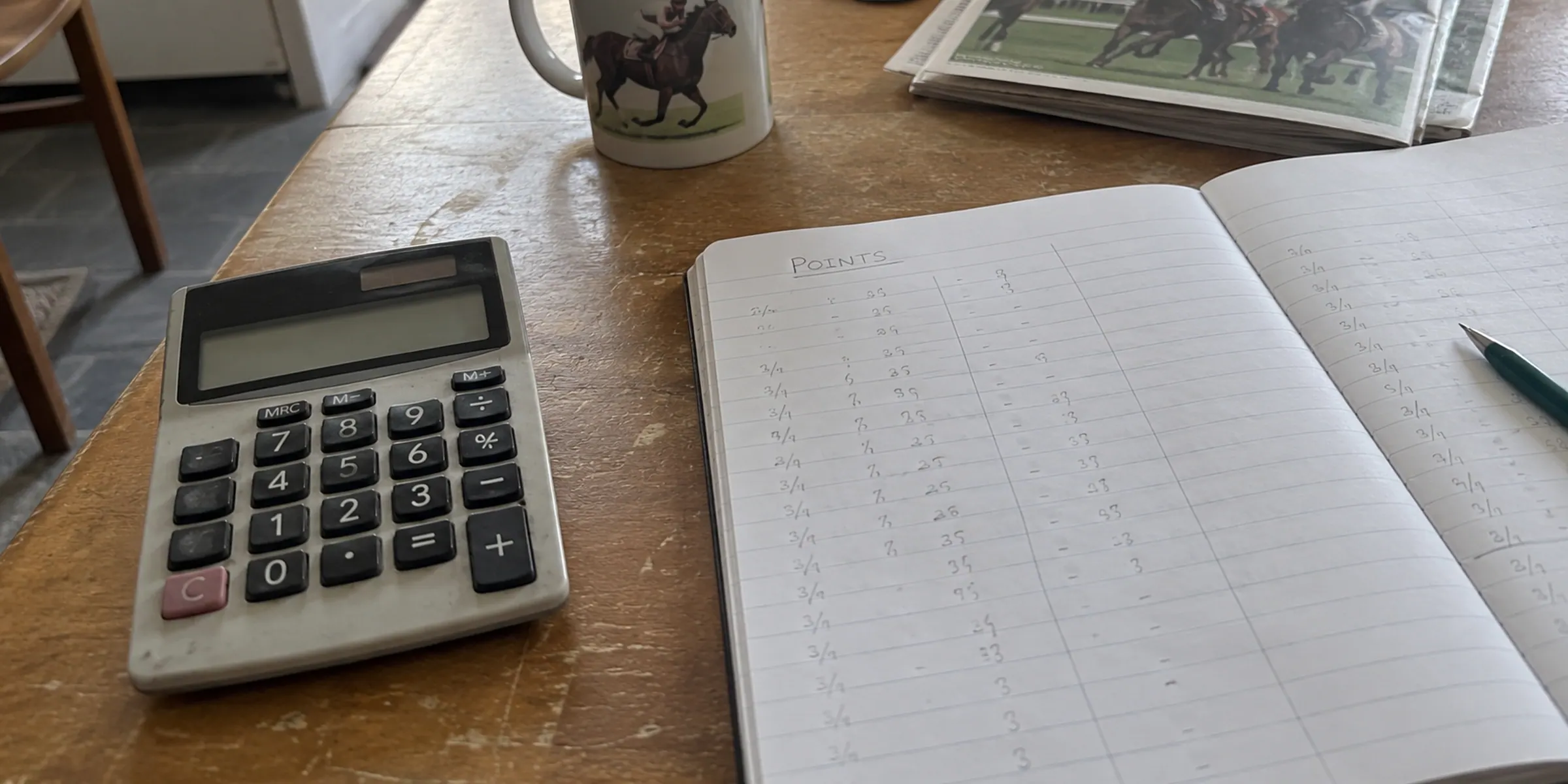 A pocket calculator beside an open notebook headed Points