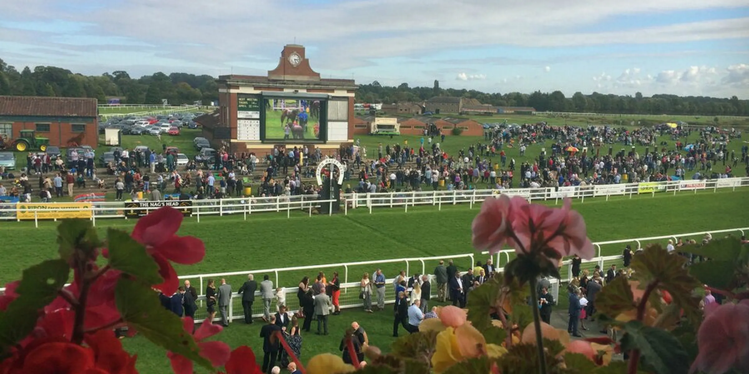 A crowd at Ripon seen beyond red flowers and white running rails