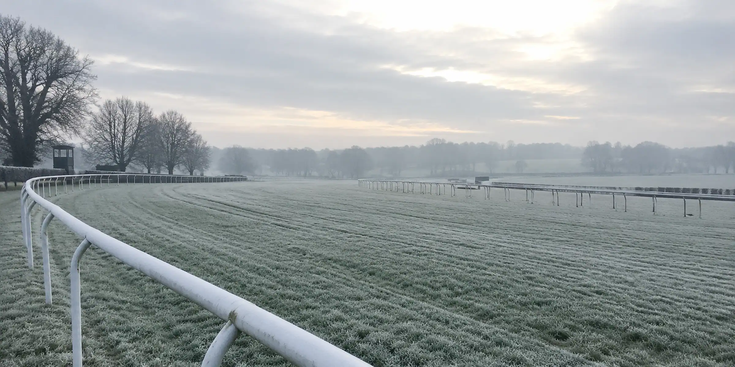 Frost on an empty racecourse, with white running rails and bare trees