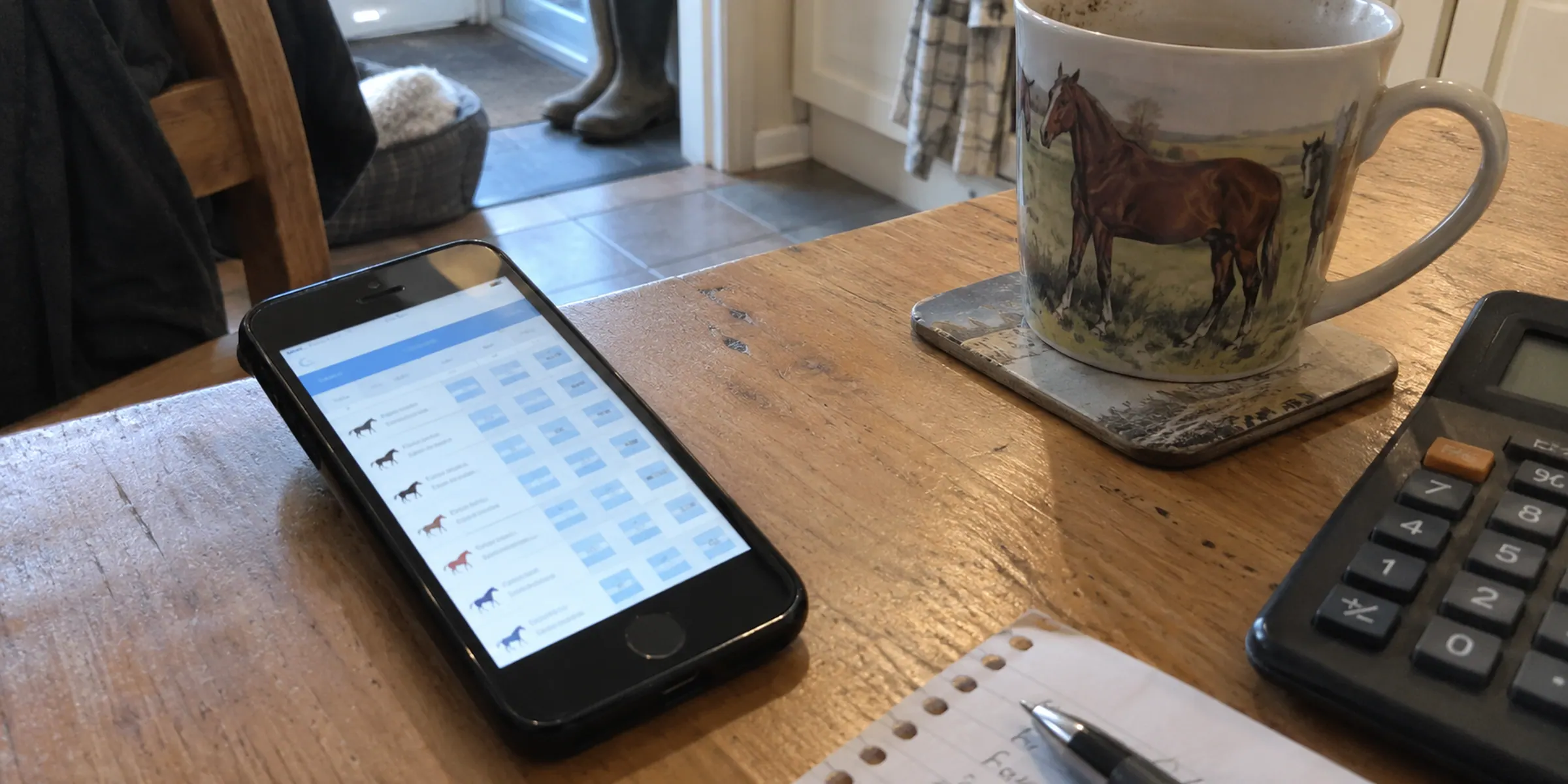 A phone showing a pale blue market grid beside a mug and calculator