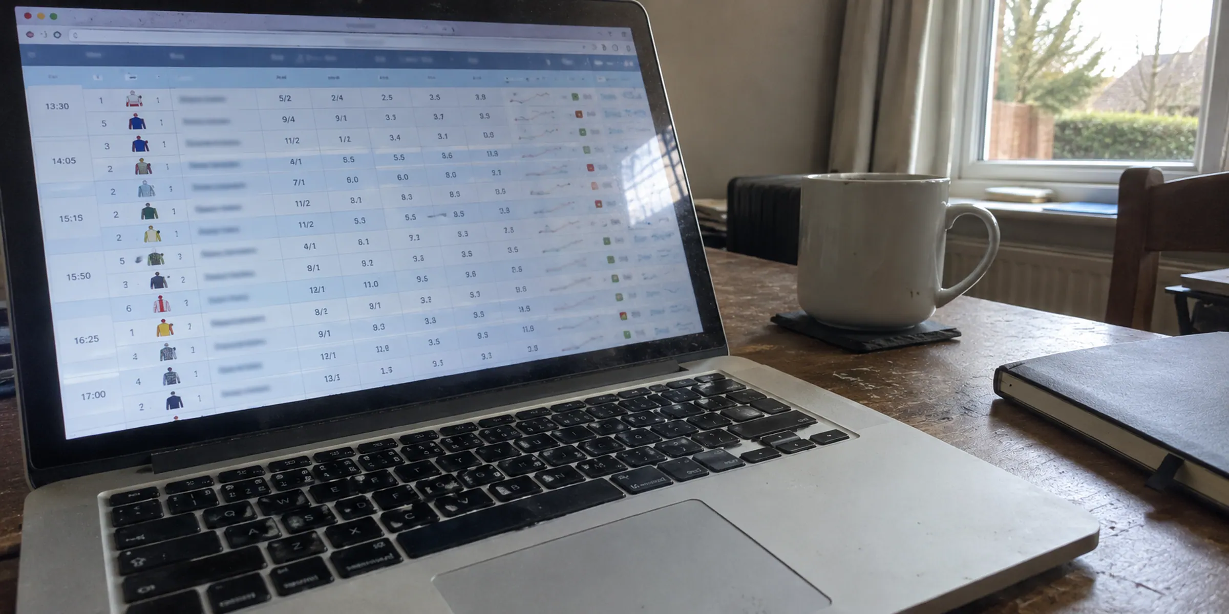 An angled laptop screen showing rows of racing information beside a notebook
