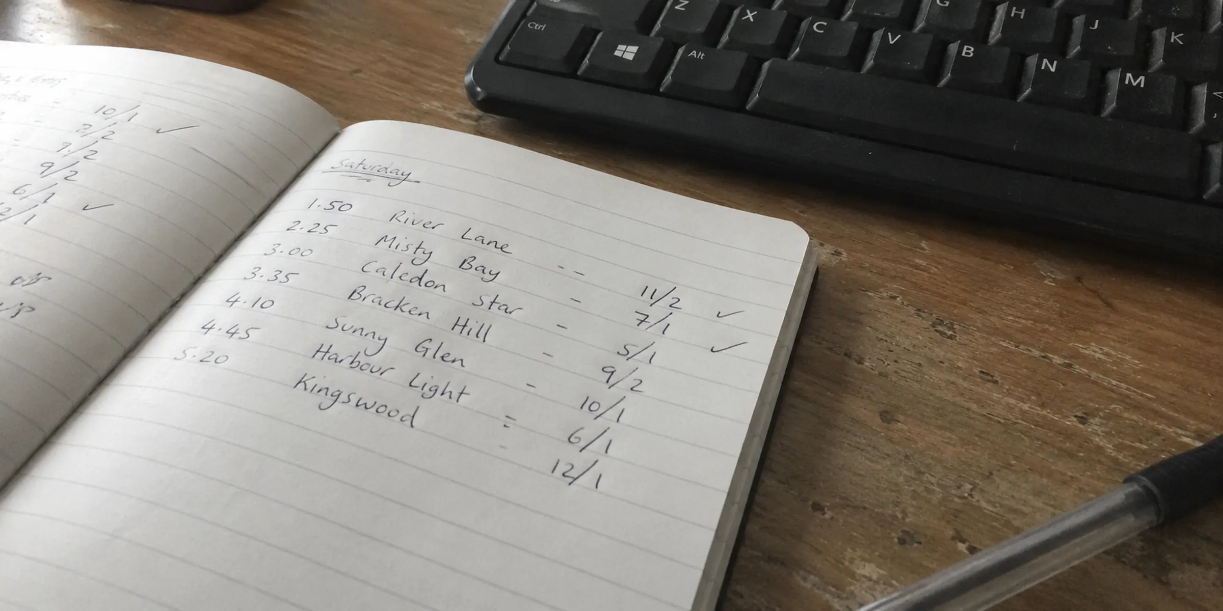 An open handwritten notebook beside a keyboard and a ballpoint pen
