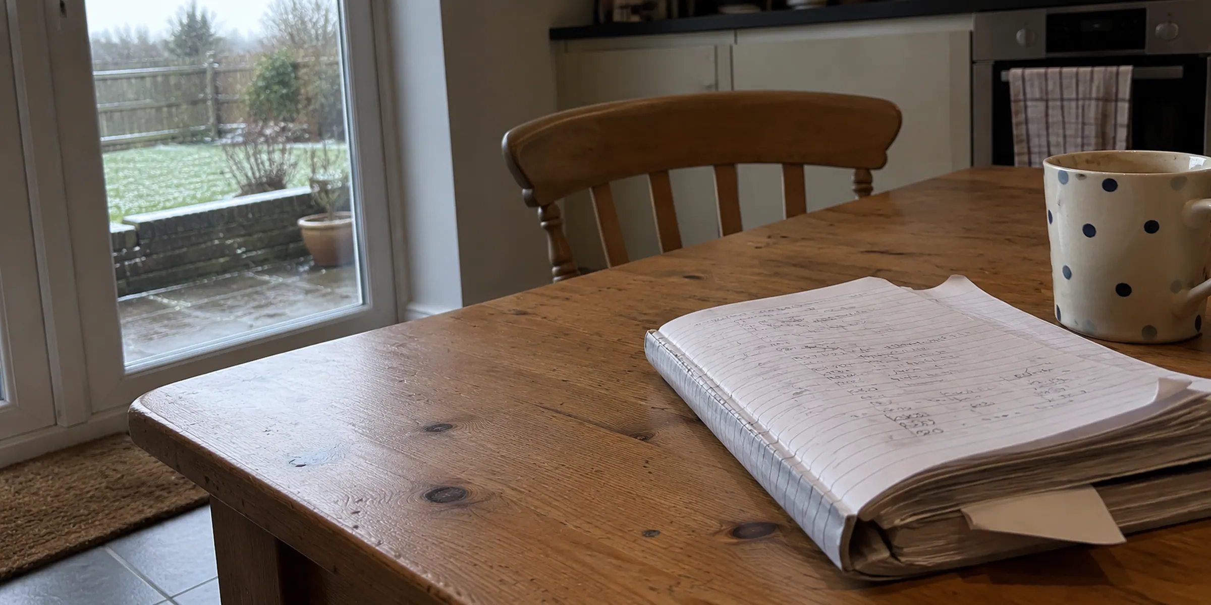 The final pages of a worn notebook on a table near a garden door