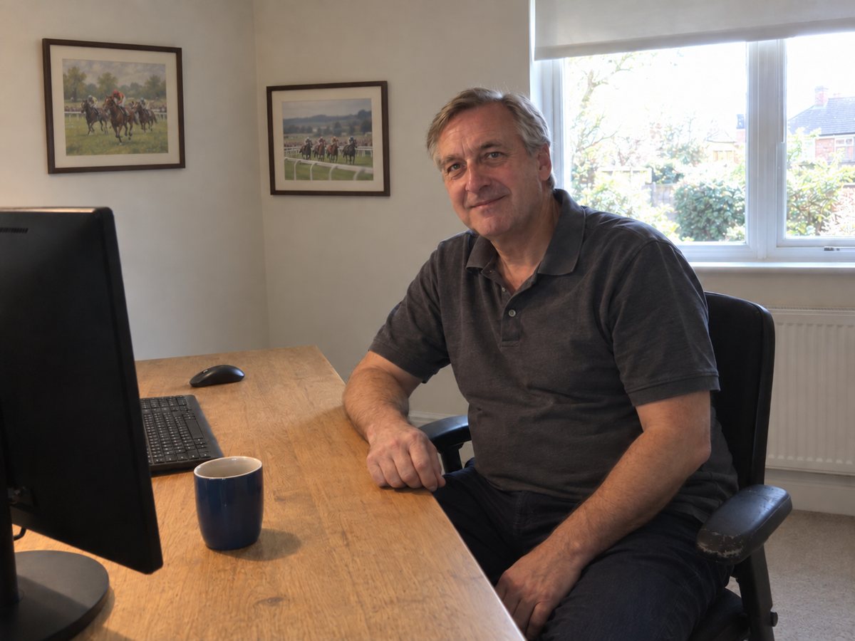 Lee at his desk at home, with two framed racing prints on the wall